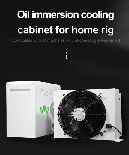 Smart Liquid cooling system (1 Asic), an oil immersion cooling cabinet for home cryptocurrency mining rigs, shown with a sleek white design and green branding on the side. To the right, a large black fan attached to a radiator suggests a quiet operating environment. The system is touted as compatible with all machines.