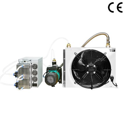 Water Cooling kit for 5 Asics, showing a silver power supply unit, a green water pump, and a black fan attached to a radiator, all components of a water cooling system for ASIC miners, marked with the 'CE' symbol indicating compliance with European safety standards
