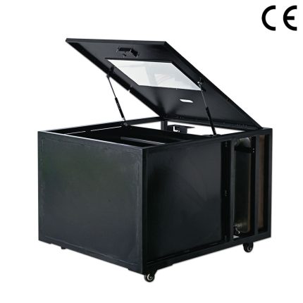 Immersion Cooling Cabinet (6 Asics), a sturdy black cabinet with an open hinged lid on top, revealing the interior designed for immersion cooling technology. The cabinet is marked with the 'CE' symbol, indicating its compliance with European safety and health standards, and is equipped with wheels for easy movement.