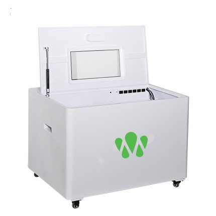 Smart Liquid cooling system for 3 Asic miners, depicted as a compact, white cabinet with a hinged lid and a front-facing digital display. It features a simplistic design with a green triple-loop symbol on the side, indicating its purpose for efficiently cooling three ASIC mining devices.