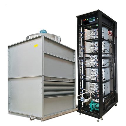 Hydro Cooling Cabinet for Retrofit Asic Miners paired with a large metallic cooling tower, displaying a black rack cabinet housing multiple mining units on the right, and a sizable silver cooling tower on the left with ventilation fins, designed for optimal heat dissipation in mining operations.