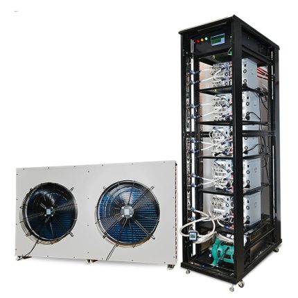 An image featuring two separate pieces of equipment: on the left, a large white box with dual blue fans, likely a part of a cooling system; and on the right, a tall black server rack filled with multiple electronic devices, each with cables and cooling components, possibly for data center or mining operations.