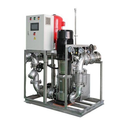 Standard CDU , an industrial-scale cooling distribution unit composed of a network of pipes, valves, and a red electric motor, all mounted on a sturdy metal frame. It includes a gray electrical control box, signifying its automated operation, designed to maintain optimal thermal conditions in complex systems.