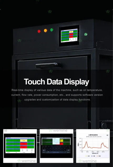 Automated Liquid Cooling Cabinet (8TH Gen, 3 Layer, 18 Asics), a sophisticated black cabinet with a 'Touch Data Display' screen showcasing real-time data such as temperature, flow rate, and power consumption. Below are examples of the user interface with various monitoring graphs and system alerts, indicating advanced functionality for managing and cooling ASIC mining hardware