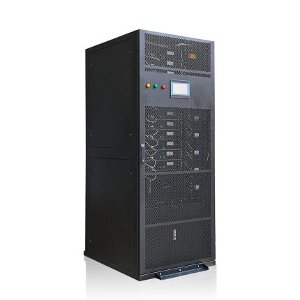 Hydro-cabinet product, a tall black server cabinet designed for housing and cooling high-performance computing equipment, with a front panel featuring various control buttons, indicator lights, and a digital display for monitoring system status and performance.