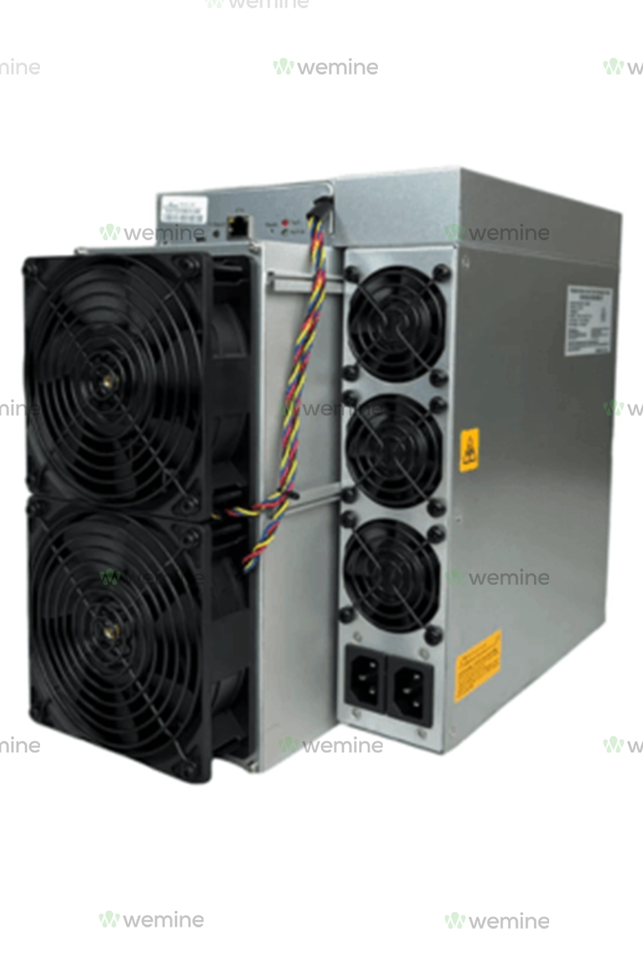 Antminer S19J Pro cryptocurrency mining hardware, featuring a dual-fan cooling system and sturdy metal casing, equipped with multiple power sockets and interface cables.