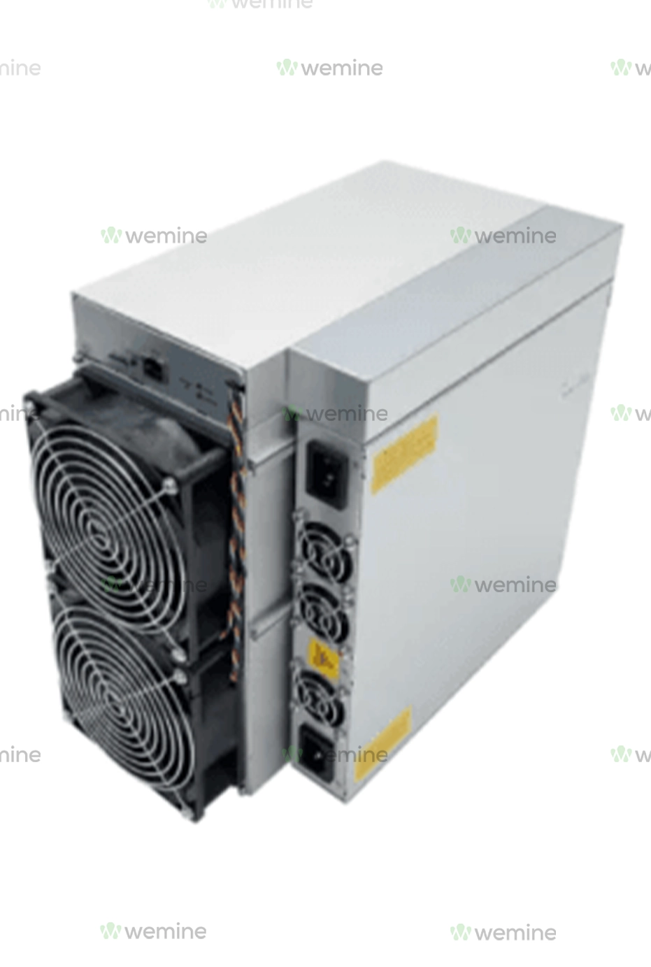 Antminer S19K Pro model with 136Th hash power, featuring prominent cooling fans and rear connectivity ports, encased in a metallic body with yellow accentuations.