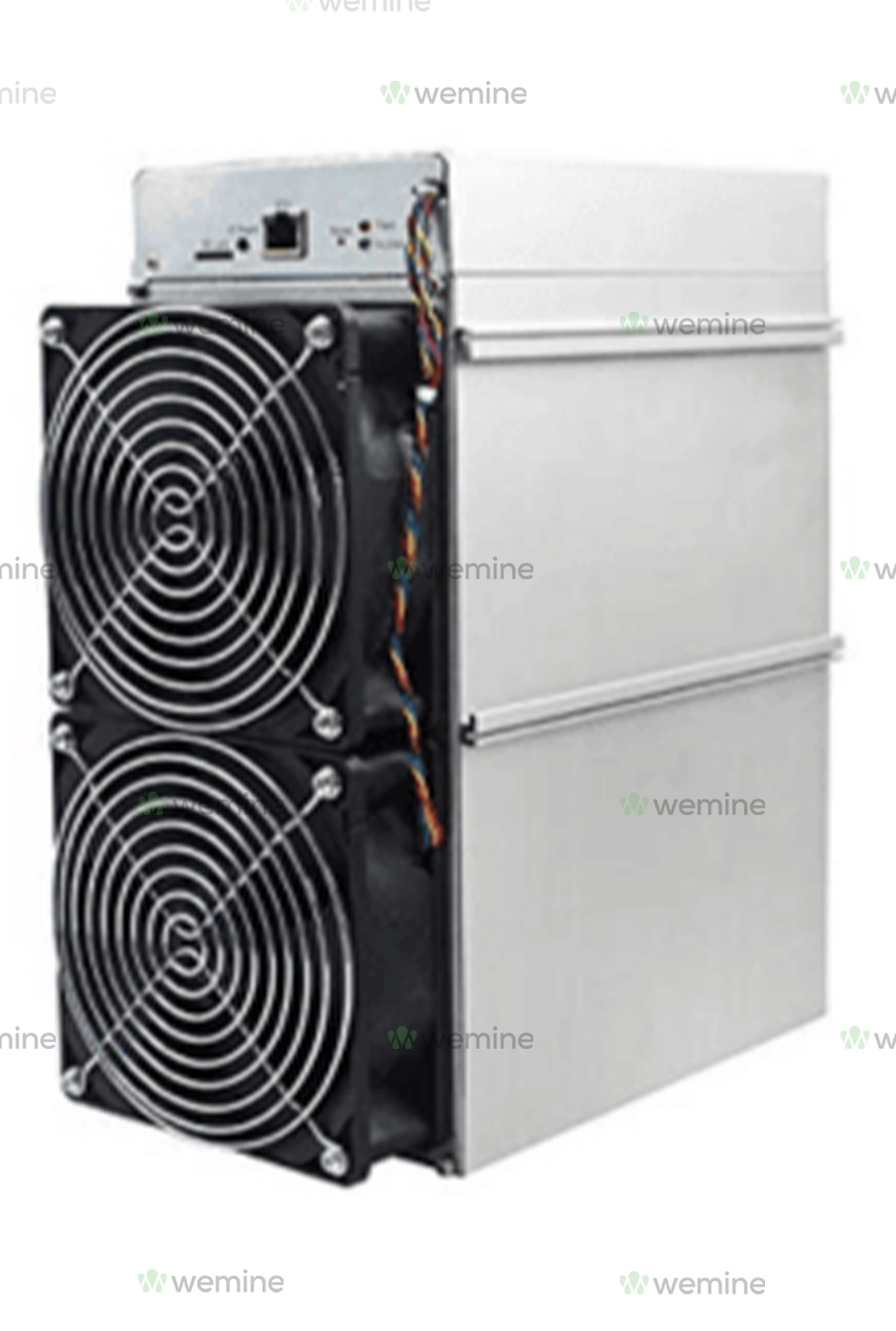 Antminer Z15 Pro cryptocurrency mining unit with a sleek silver body and dual black cooling fans on the front for high-performance crypto mining operations