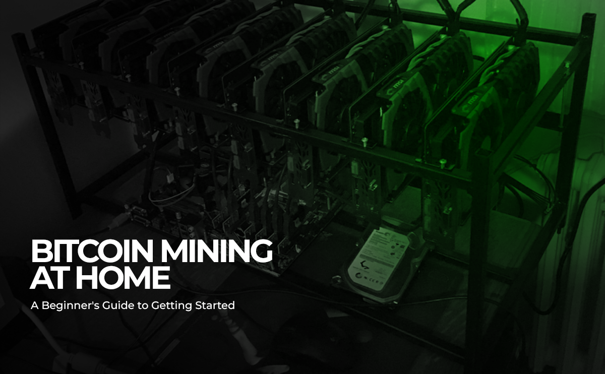 A home setup of Bitcoin mining rigs with multiple GPUs, accompanied by the caption 'Bitcoin Mining at Home: A Beginner's Guide to Getting Started