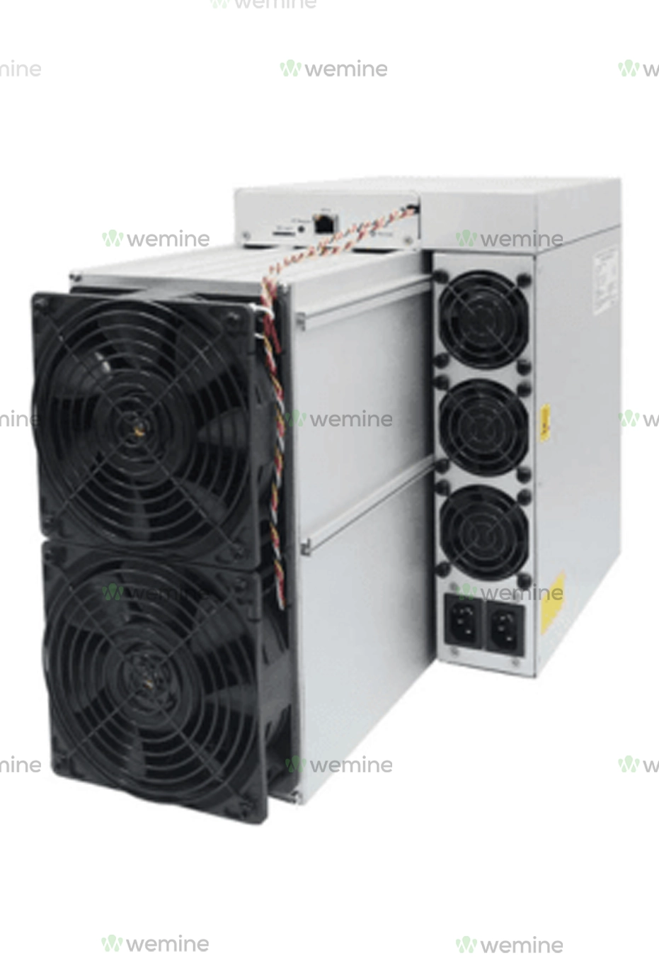 Bitmain Antminer E9 Pro 3.68Gh/s ETC Miner, a powerful cryptocurrency mining device with a silver casing and three prominent black cooling fans on one side, indicating its high processing capability for mining Ethereum Classic (ETC) with a hash rate of 3.68 gigahashes per second.