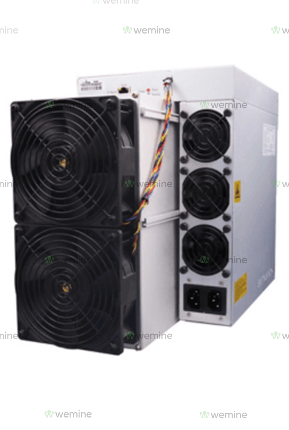 Bitmain Antminer KA3 mining rig with a dual-fan design for optimal cooling, featuring a white exterior with distinctive black accents and rear power supply inputs.