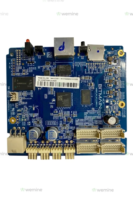 WeMine branded blue circuit board featuring an Ethernet port, power capacitors, and pin headers, designed for high-performance mining operations