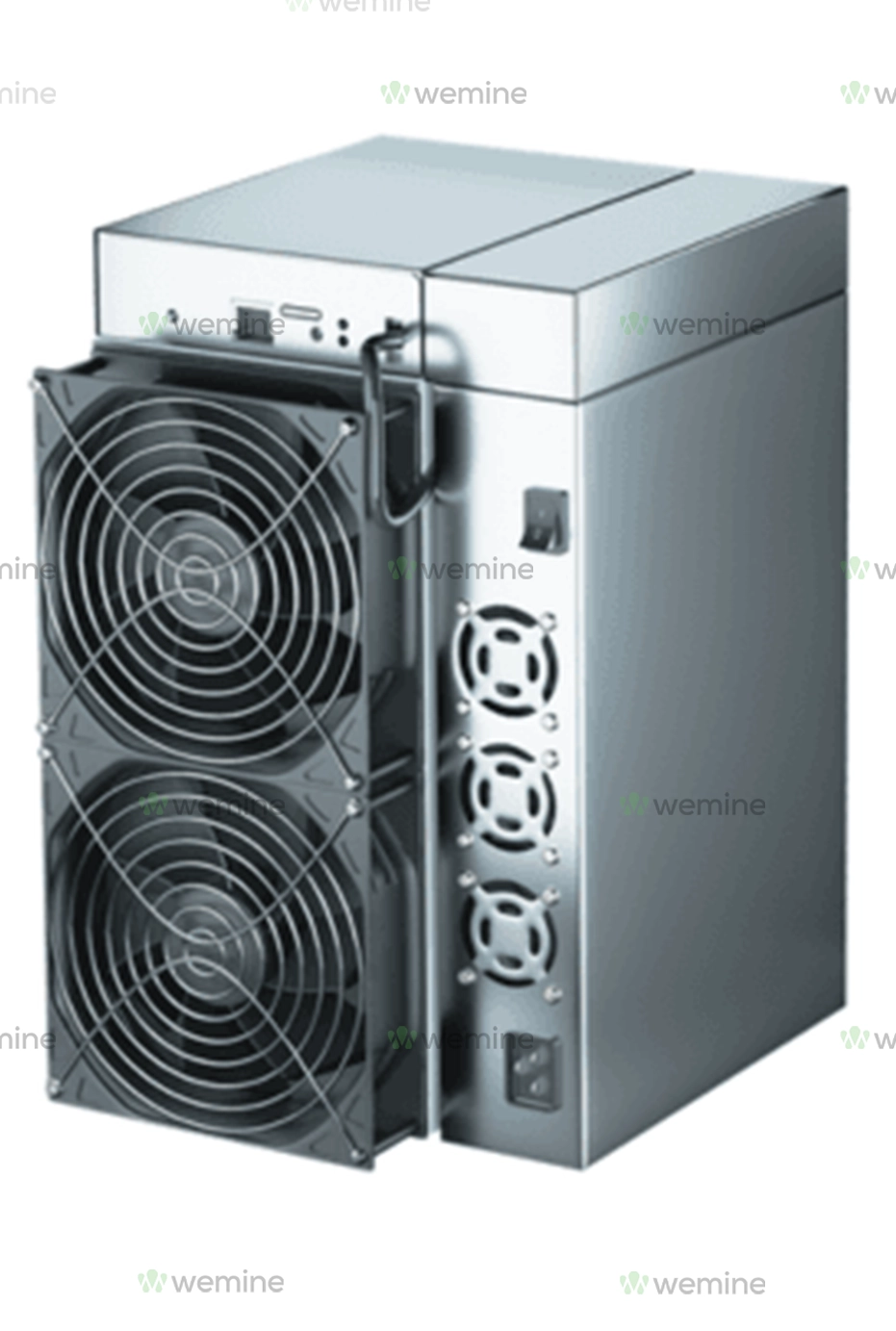 Goldshell LB-Lite Cryptocurrency Miner with 1.62TH/s hash rate, showcasing a large cooling fan on the front and multiple connectivity ports on the rear panel, encased in a metallic silver finish.