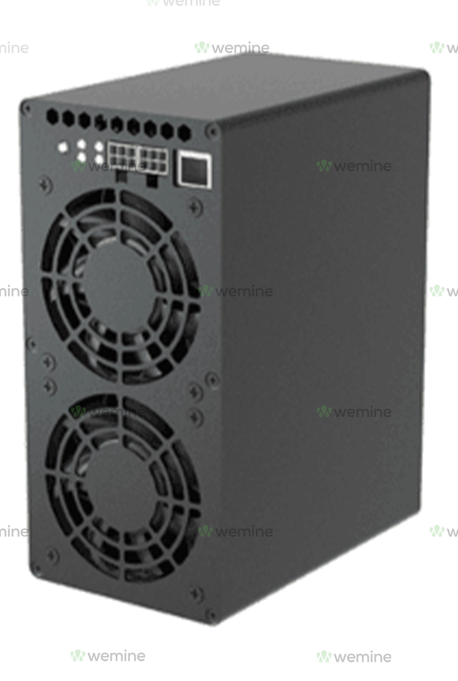 Compact and sleek Goldshell SC-Box II Cryptocurrency Miner with a 1.9TH/s hash rate, featuring dual cooling fans and interface indicators on the back panel, in a matte black finish."
