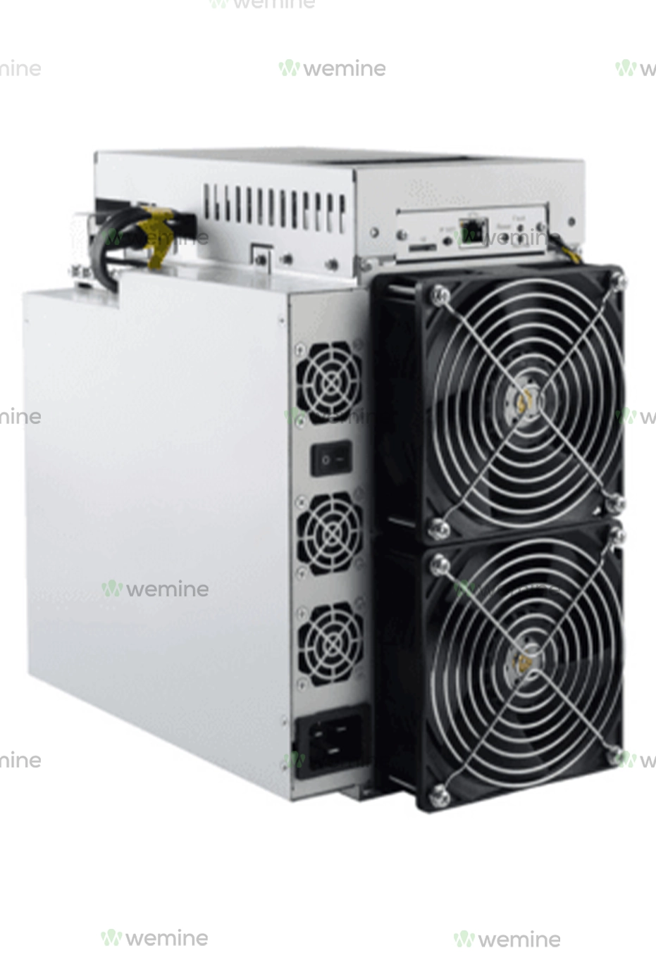 A cryptocurrency mining rig featuring a metallic casing with dual large, circular cooling fans on one side, designed for effective heat dissipation during operation.