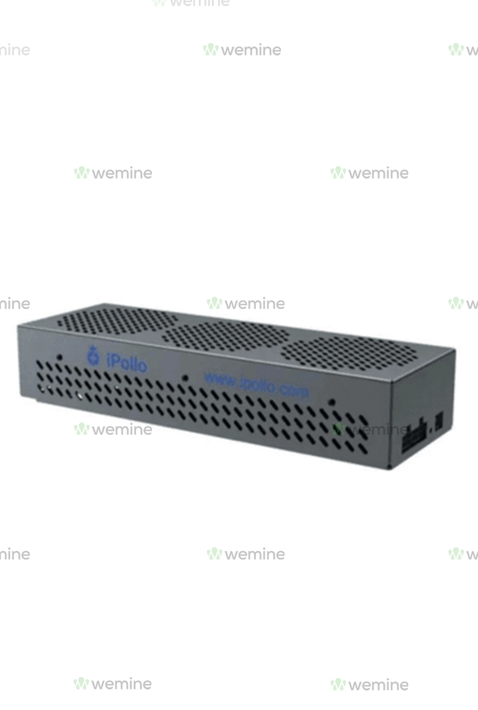 Compact iPollo X1 cryptocurrency mining device, featuring a grey exterior with ventilation slots and branded with the iPollo logo."