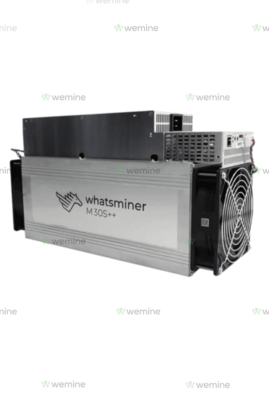 A powerful cryptocurrency miner, the Whatsminer M30S++, with a large cooling fan on its right and a heat sink visible on the top, indicating advanced thermal management capabilities.