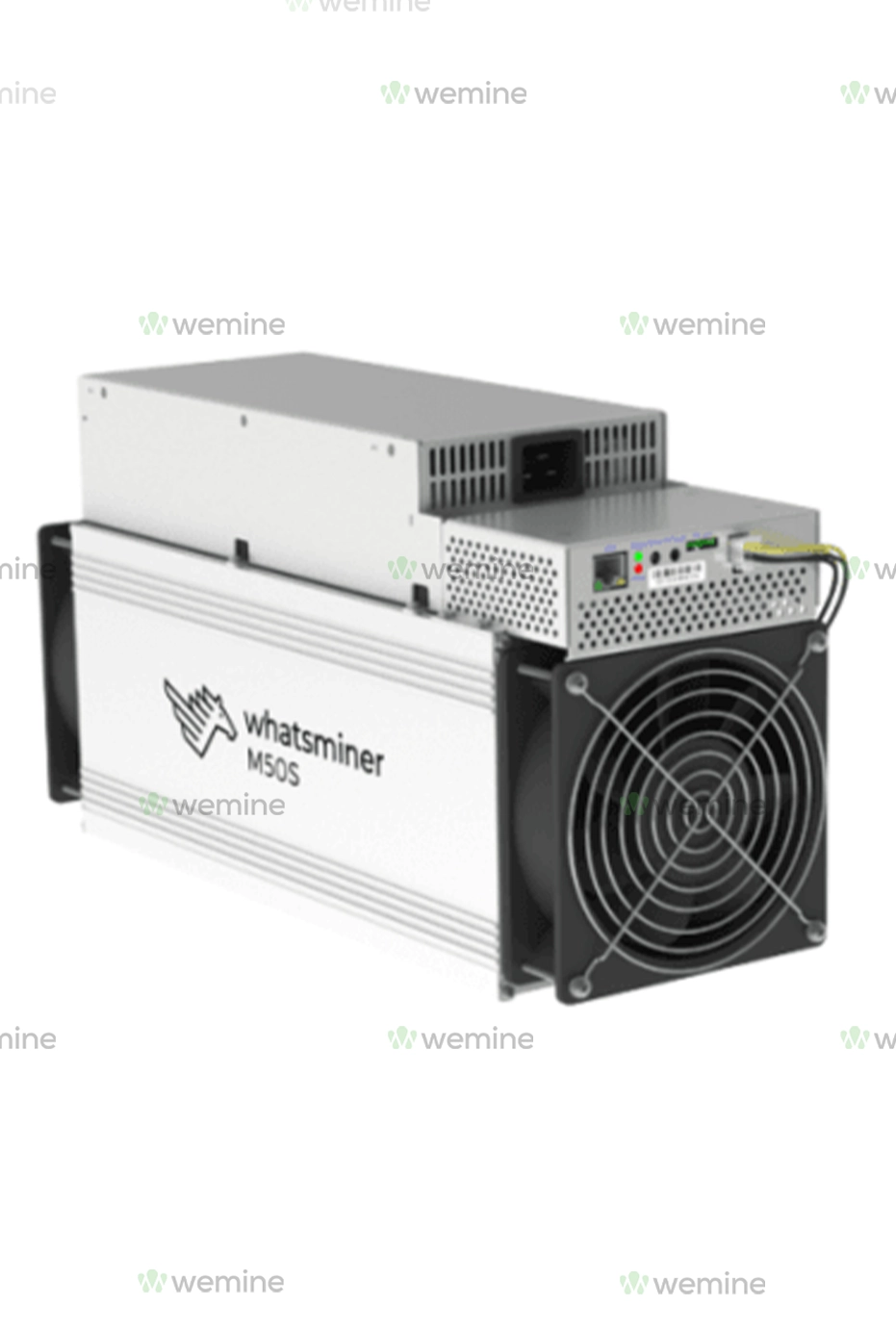 Cryptocurrency mining hardware consisting of a white unit with 'Whatsminer M50' branding and an attached power supply, featuring a prominent round black fan for cooling