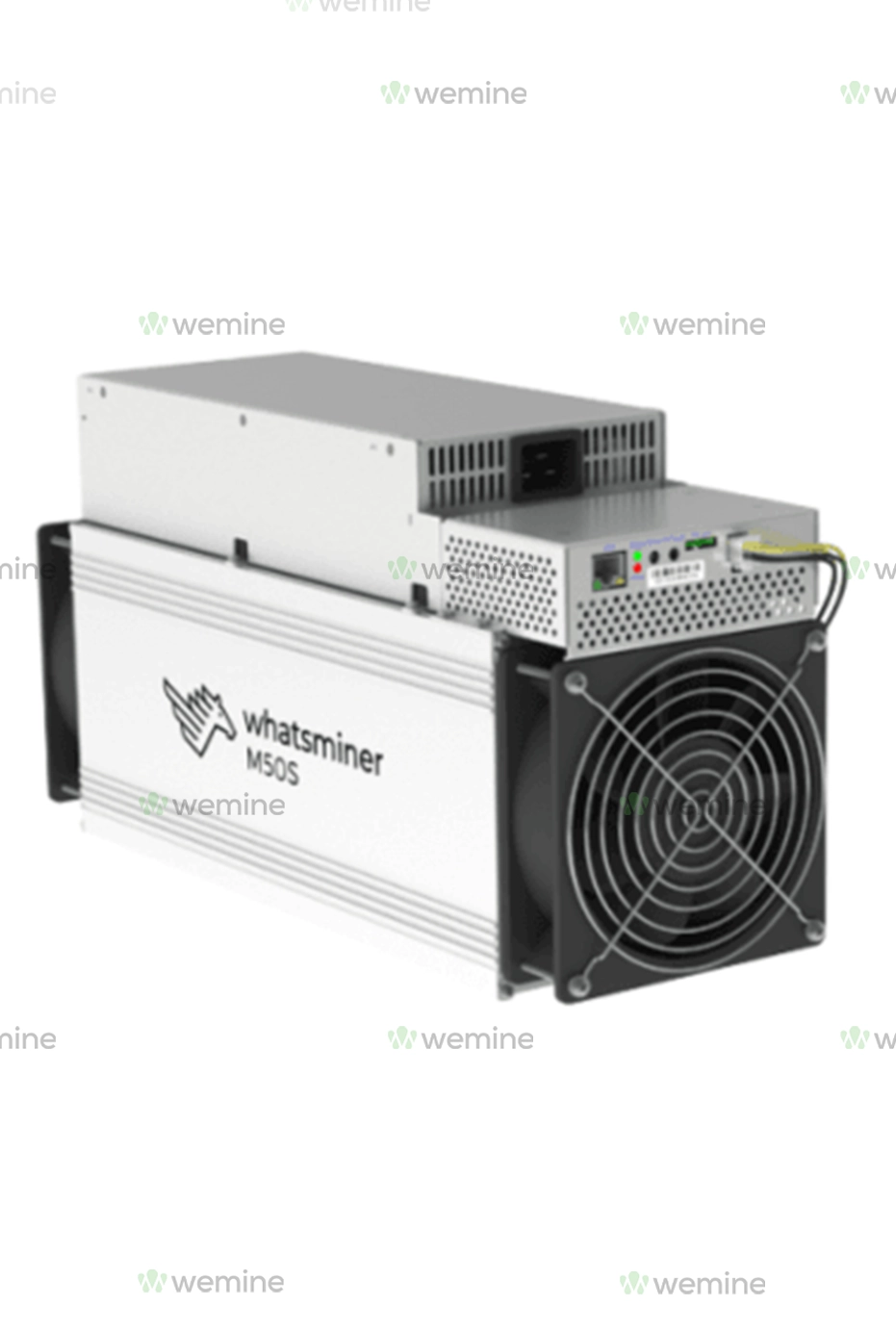 A two-component cryptocurrency miner with a white metal casing labeled 'Whatsminer M50S' alongside its power supply unit, featuring a large black cooling fan and multiple air vents for thermal management