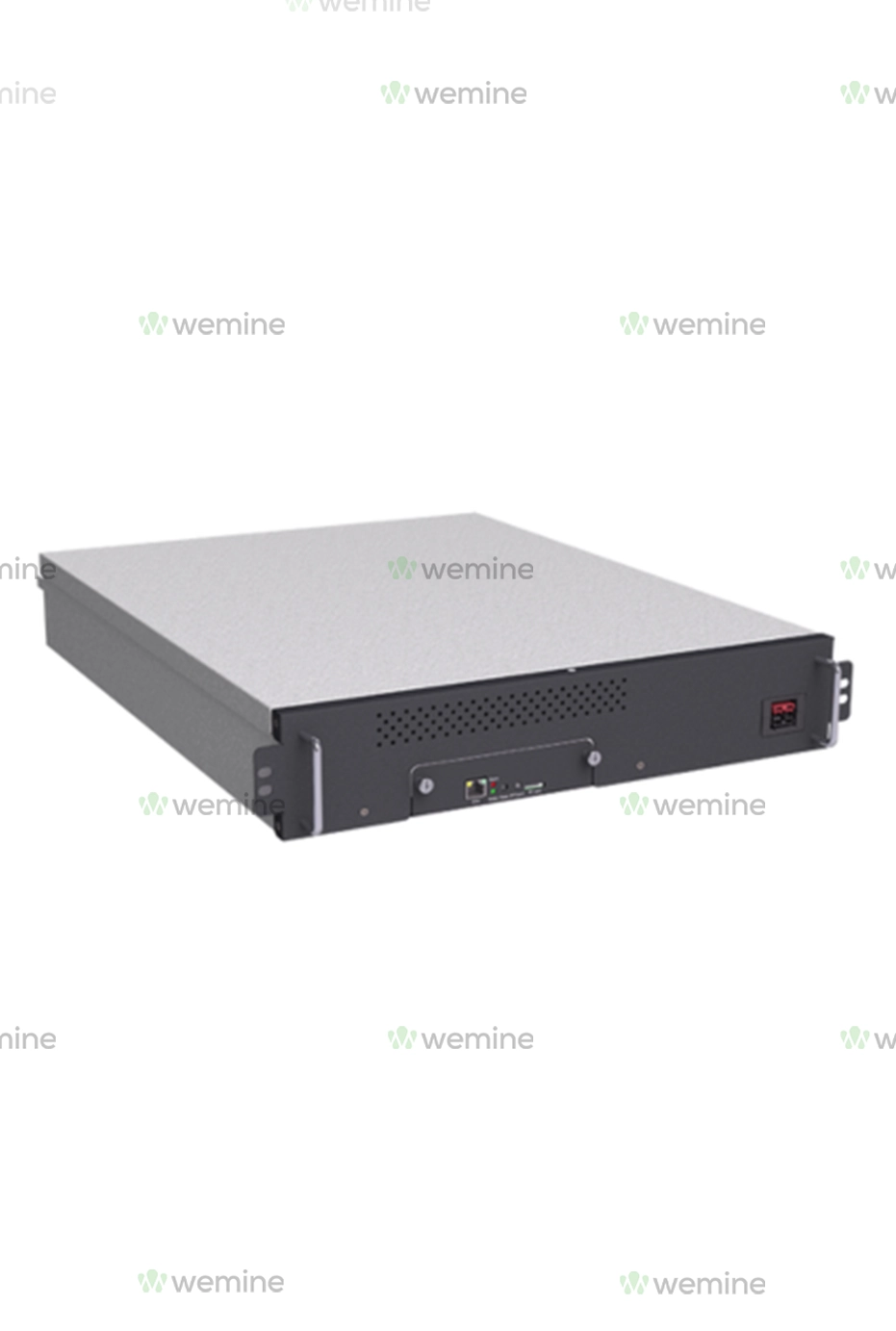 MicroBT Whatsminer M335++ cryptocurrency mining unit, a 1U rack-mountable server with a minimalist gray design, front-accessible control interfaces, and air vents for efficient cooling