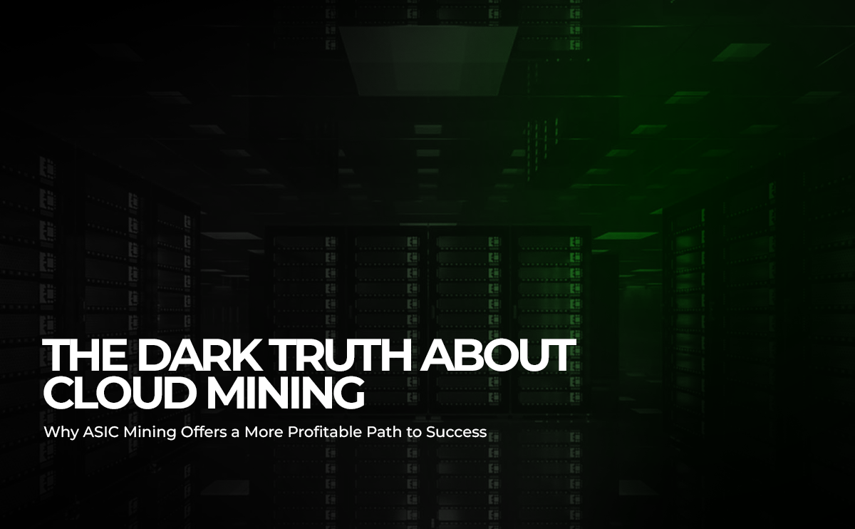 A dimly lit server room with a bold title overlay 'The Dark Truth About Cloud Mining: Why ASIC Mining Offers a More Profitable Path to Success