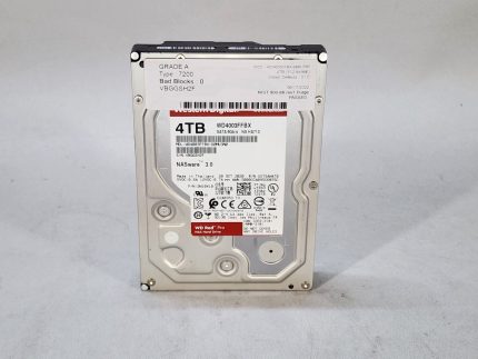Western Digital WD Red Pro 4TB 3.5-inch SATA NAS Hard Drive with 256MB cache, model WD4003FFBX, shown in a neutral setting with detailed label information visible, indicating specifications and certifications