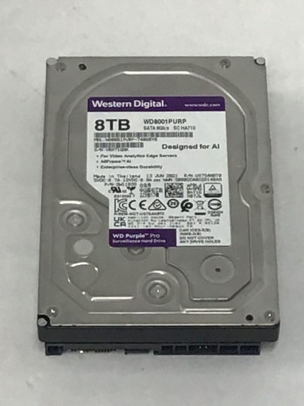 Western Digital 8TB internal hard drive, model WD8001FZBX, with a 6Gb/s data transfer rate, displayed in an upright position showcasing the top label with product details, designed for AI applications