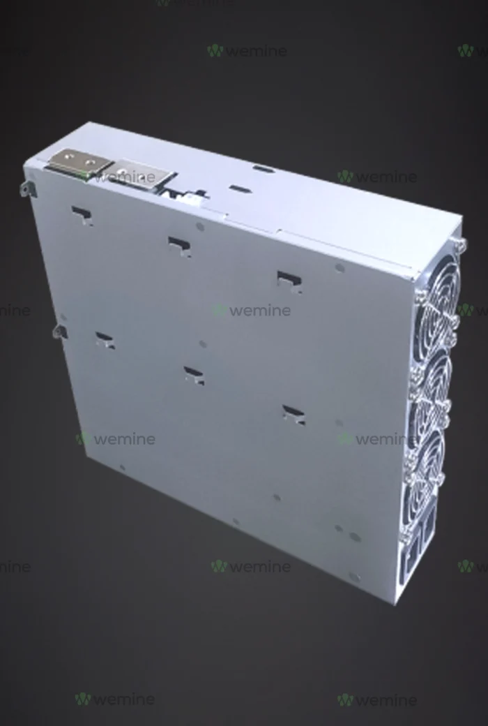 An angled view of a sleek, modern ASIC miner with multiple cooling fans visible on the rear, featuring the 'wemine' logo on its metal casing.