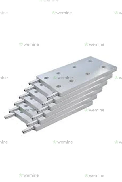 Stack of silver WeMine hardware components with connectors, showcasing the brand's sleek design and engineering excellence against a white background.