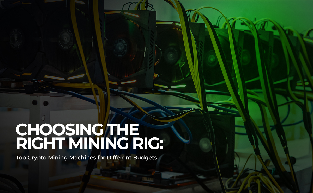 An array of cryptocurrency mining rigs with graphic cards and cooling fans, highlighted by a neon green light, with the caption 'Choosing the Right Mining Rig: Top Crypto Mining Machines for Different Budgets'