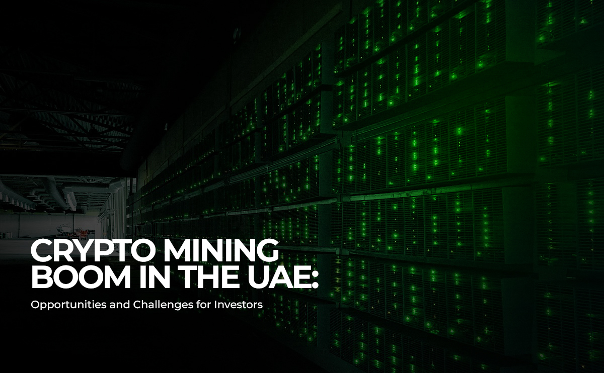Side view of a large cryptocurrency mining farm with rows of illuminated green lights, representing the servers, with the headline 'Crypto Mining Boom in the UAE: Opportunities and Challenges for Investors'