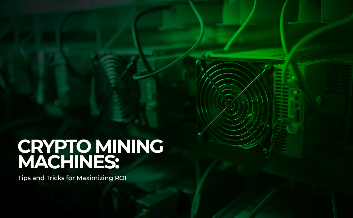 A row of cryptocurrency mining machines with prominent cooling fans, highlighted in a green light, with the title 'Crypto Mining Machines: Tips and Tricks for Maximizing ROI'