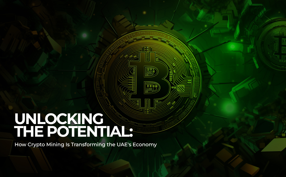 A vivid graphic of a Bitcoin emblem with digital circuitry in the background, under the title 'Unlocking the Potential: How Crypto Mining is Transforming the UAE's Economy