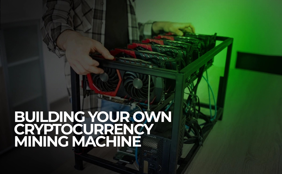 Person assembling a cryptocurrency mining rig with multiple GPUs, featured in a dimly lit room with green backlighting and the caption 'Building Your Own Cryptocurrency Mining Machine
