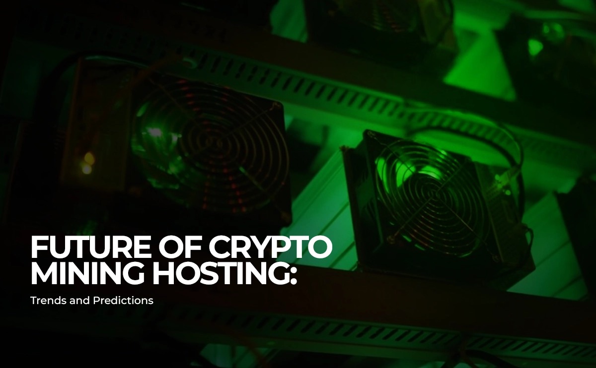 Close-up of cryptocurrency mining hardware components with active cooling fans, bathed in a green glow, with the title 'Future of Crypto Mining Hosting: Trends and Predictions' displayed.