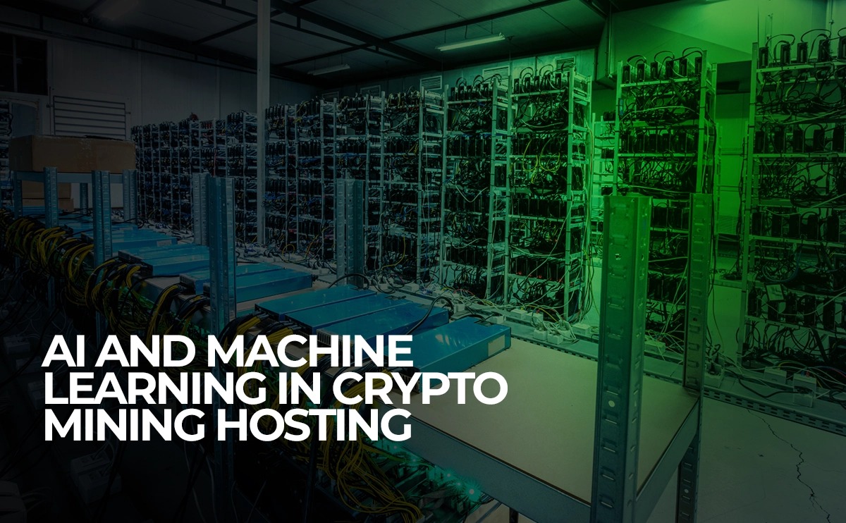 Server room with racks of cryptocurrency mining equipment illuminated in blue light, with the title 'AI and Machine Learning in Crypto Mining Hosting' overlayed on the image.