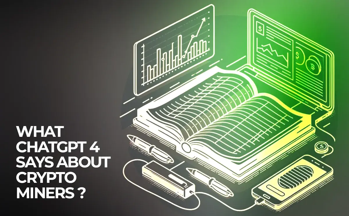 Illustrated image with a neon outline effect on a dark background featuring a book, pens, a calculator, crypto coins ,laptop screens displaying graphs, and a smartphone, with the text 'WHAT CHATGPT 4 SAYS ABOUT CRYPTO MINERS?