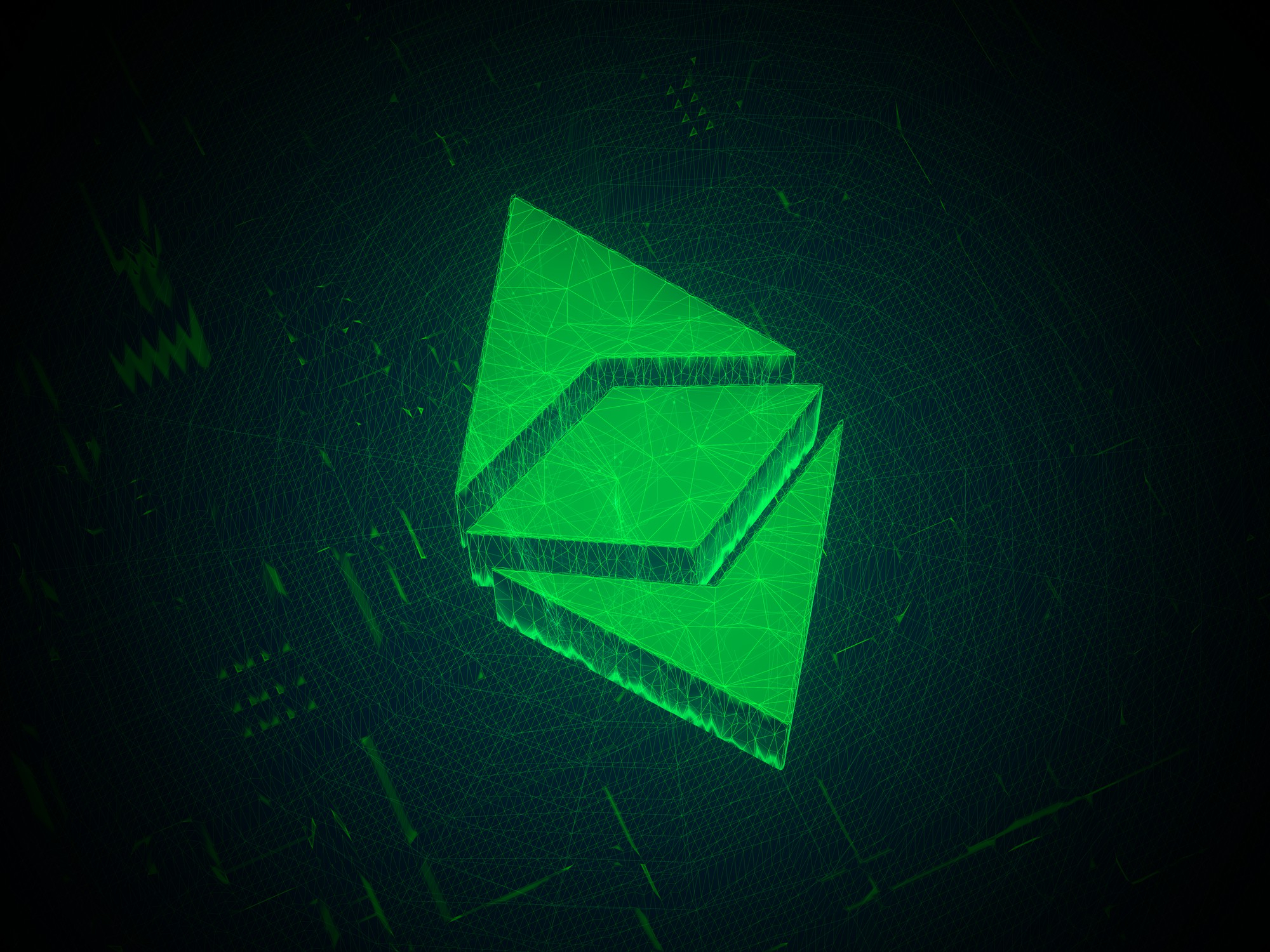 A holographic, geometric shape resembling a digital currency symbol, glowing in neon green, floats on a dark, textured background with abstract digital elements. The shape's low-poly structure suggests a connection to digital networks and cryptocurrency technology.