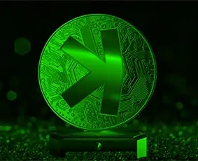 A stylized representation of a cryptocurrency coin with a green glow, featuring a large "k" in the center, indicative of a digital currency symbol. The design within the coin mimics intricate circuitry, reflecting the technological essence of digital currency.