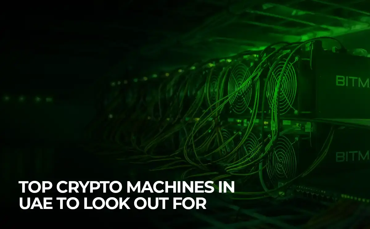 Visual of advanced crypto machines in the UAE, including Bitcoin ATMs and digital finance equipment.